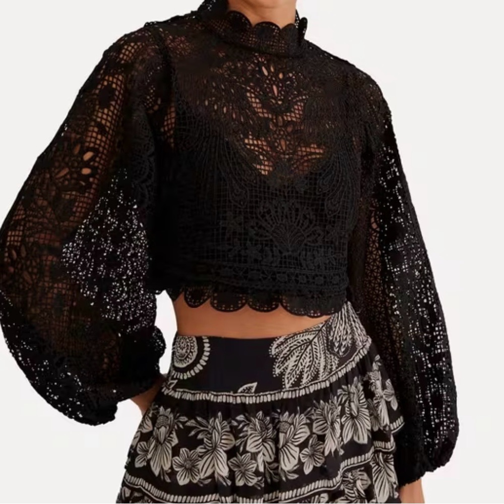 FARM Rio Black Guipure Lace Balloon sleeve, Blouse. EUC. No flaws. Womens Small - Picture 9 of 10
